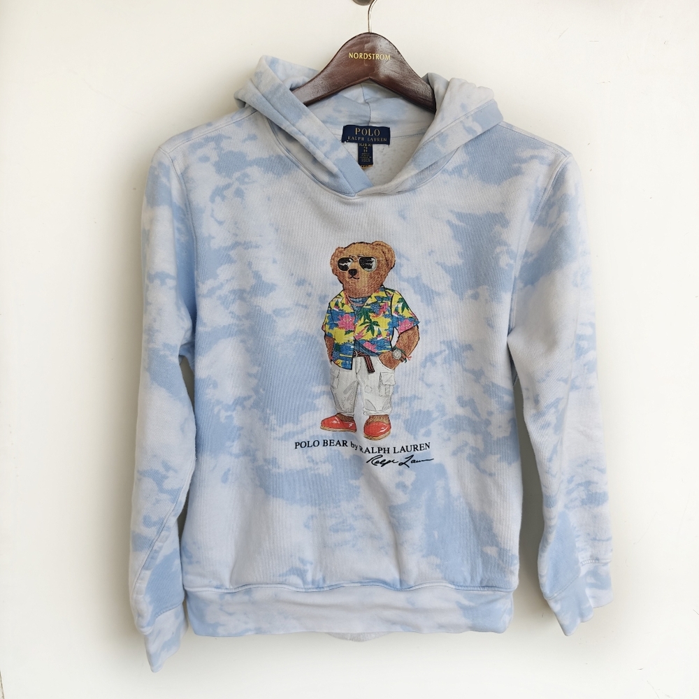 Polo Ralph Lauren Blue Tie Dye Polo Bear Hoodie Fleece Kids Size XL 18-20